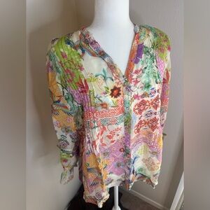 Johnny Was Multicolor Floral Patchwork V-Neck Blouse
